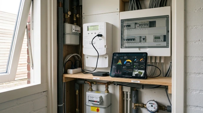 Meterkast met slimme meter, P1-kabel en tablet met energiedashboard
